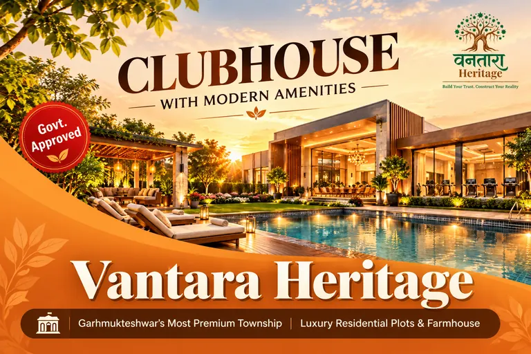 Vantara Heritage clubhouse with swimming pool and gym at sunset