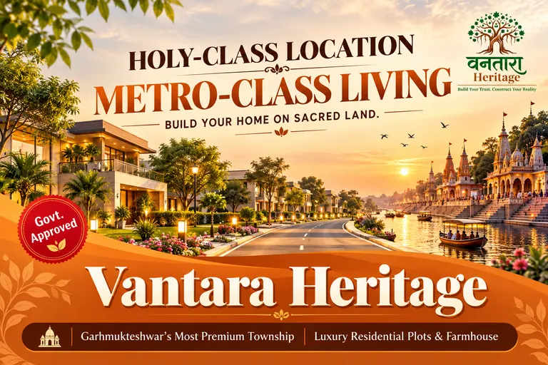 Wide township road with villas and Ganga ghat in Vantara Heritage Garhmukteshwar