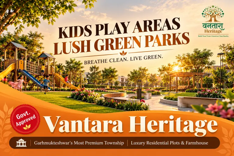 Kids play area and green park inside Vantara Heritage township at sunset